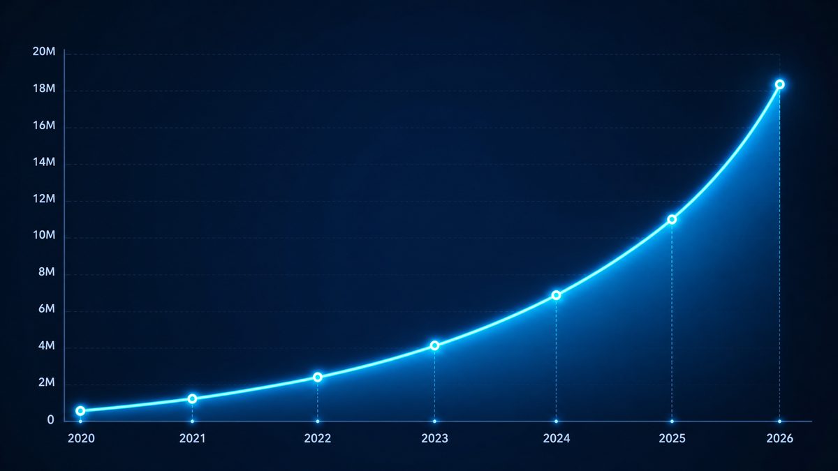 91.com用户增长数据图表,展示2020-2026年注册用户从50万增长至1800万的趋势